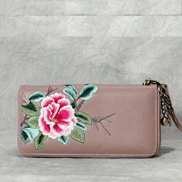 Handmade Embroidery Pink Leather Peony Wristlet Wallet Womens Zip Around Wallets Flowers Peony Ladies Zipper Clutch Wallet for Women
