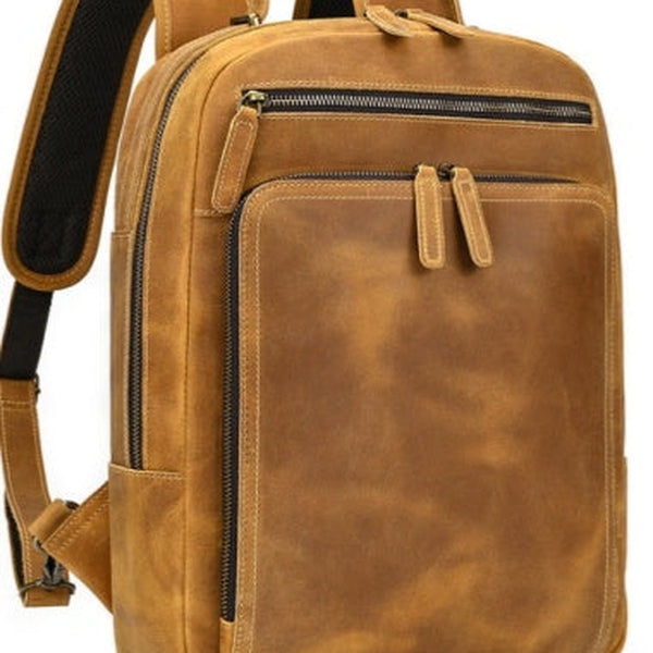 Mens Leather Laptop Backpack Light Brown Large Leather Backpack for Travel