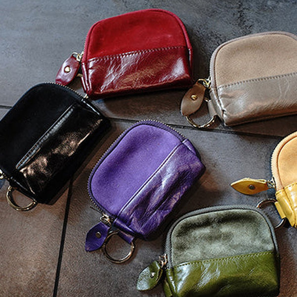 Vintage Women Black Leather Zip Coin Pouch with Keyring Coin Wallet Change Wallet For Women