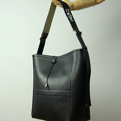 Large Womens Black Leather Shoulder Barrel Tote Bag Bucket Tote Handbag Purse Work Bag for Ladies
