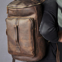 Vintage Mens Leather Barrel Backpack Barrel Travel Backpack Tan School Backpack For Men