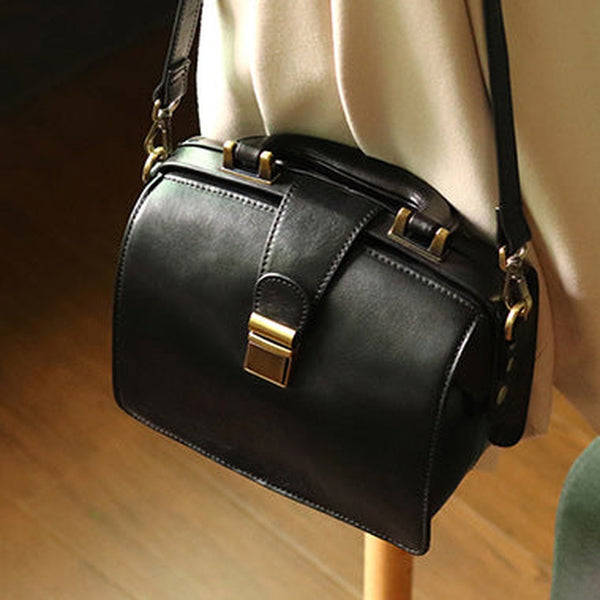 Womens Black Leather Doctor Handbag Purses Vintage Black Doctor Side Purse for Women