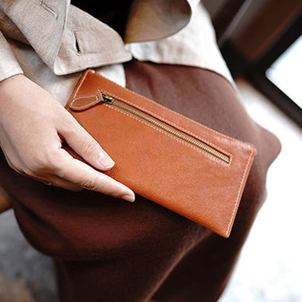 Slim Brown Leather Clutch Wallet Womens Zip Wallets Brown Ladies Zipper Clutch Wallet for Women