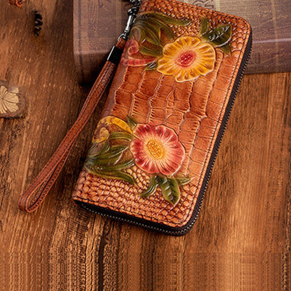 Handmade Floral Brown Leather Wristlet Wallet Crocodile Pattern Womens Zip Around Wallets Flowers Ladies Zipper Clutch Wallet for Women