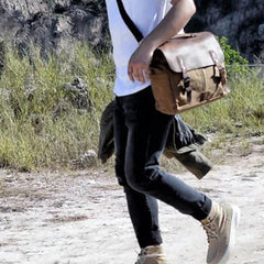 Cool Canvas Leather Mens Side Bag Black Shoulder Bag Khaki Messenger Bag for Men