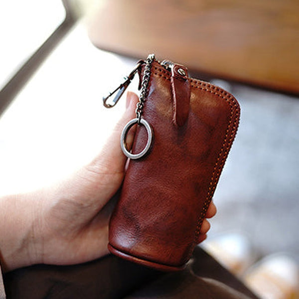 Vintage Women Brown Leather Zip Key Wallet Car Key Holder Coin Wallet Coin Pouch Change Wallet For Women