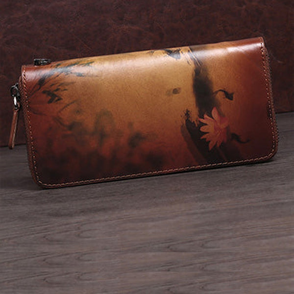 Handmade Womens Brown Leather Zip Around Wallet Wash Painting Flowers Wristlet Wallet Ladies Zipper Clutch Wallet for Women