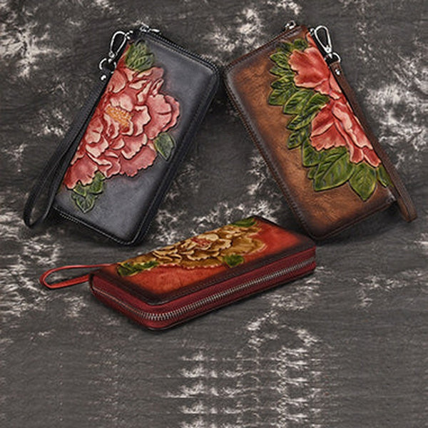 Womens Peony Flower Leather Wristlet Wallet Zip Around Wallets Floral Ladies Zipper Clutch Wallet for Women