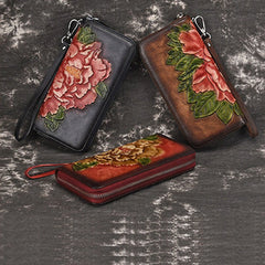 Womens Peony Flower Leather Wristlet Wallet Zip Around Wallets Floral Ladies Zipper Clutch Wallet for Women