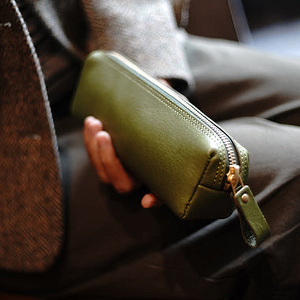 Vintage Women Green Leather Zipper Pencil Pouch Cosmetic Case Makeup Bag Wallet For Women