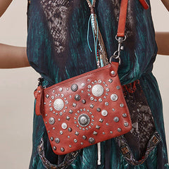 Red Leather Womens Rivets Shoulder Bags Saddle Vintage Slim Crossbody Purse for Women