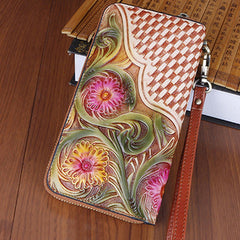 Handmade Vintage Flowers Floral Brown Leather Wristlet Wallet Womens Zip Around Wallets Flowers Ladies Zipper Clutch Wallet for Women