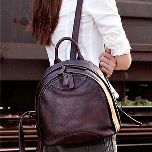 Classic Coffee Leather Small Rucksack Womens Compact Leather Backpack Ladies Backpack Purse