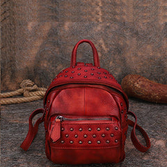 Best Vintage Rivets Red Leather Rucksack Womens Small School Rucksack Leather Backpack Purse
