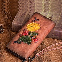 Womens Brown Leather Zip Around Wallet Chrysanthemum Flower Wristlet Wallet Floral Ladies Zipper Clutch Wallet for Women