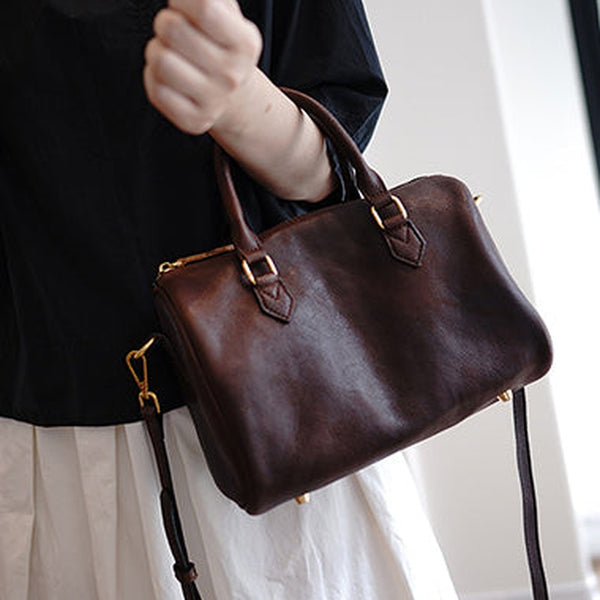 Coffee Leather Boston Handbag Trendy Women Boston Crossbody Purse for Women