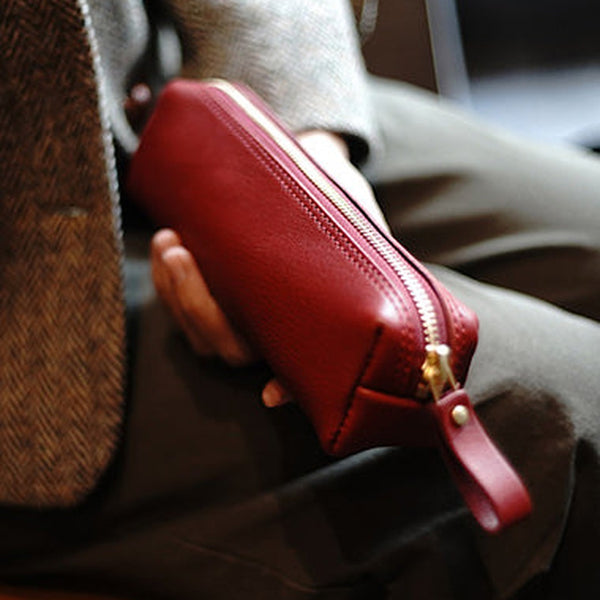 Vintage Women Red Leather Zipper Pencil Pouch Cosmetic Case Makeup Bag Wallet For Women