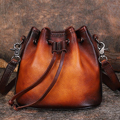 Vintage Tan Leather Womens Bucket Shoulder Bags Bucket Crossbody Purse for Women