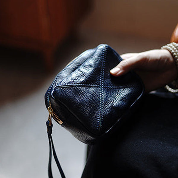 Vintage Navy Leather Wristlet Wallet Zipper Clutch Wallet Womens Tan Ladies Zip Around Wallets for Women
