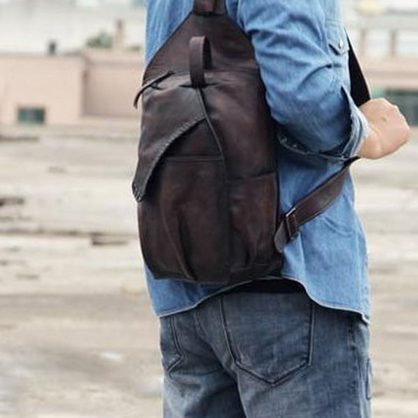 Cool Vintage Leather Coffee Mens Sling Bag Shoulder Bag Chest Bag for Men