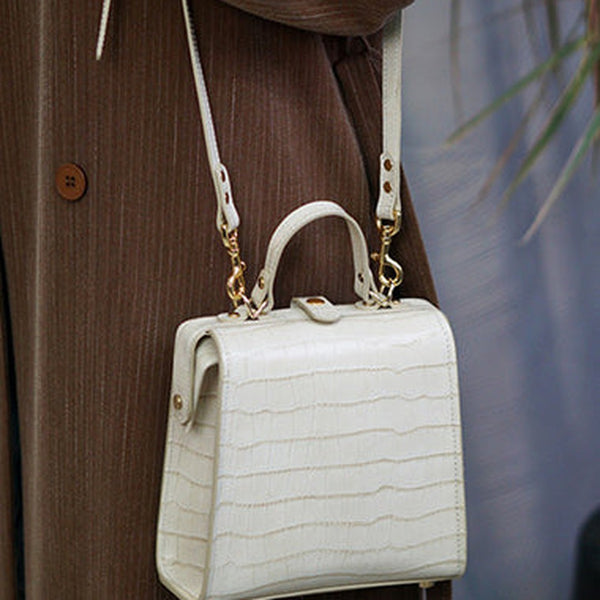 Handmade Womens Stylish Square White Leather Doctor Handbag Side Purse Doctor Purse for Women