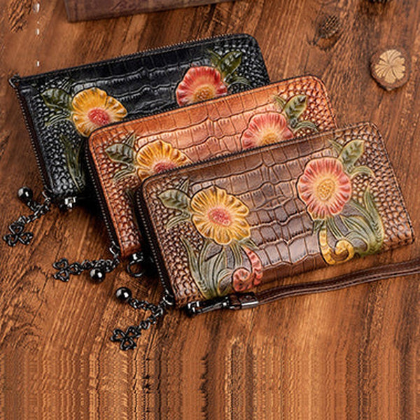 Handmade Floral Leather Wristlet Wallet Crocodile Pattern Womens Zip Around Wallets Flowers Ladies Zipper Clutch Wallet for Women