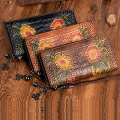 Handmade Floral Leather Wristlet Wallet Crocodile Pattern Womens Zip Around Wallets Flowers Ladies Zipper Clutch Wallet for Women