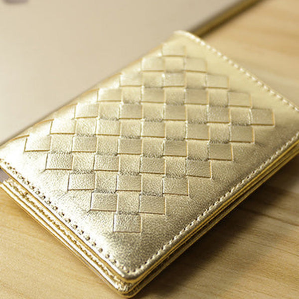 Women Gold Braided Leather Billfold Wallet Small Wallets Bifold Wallets For Women