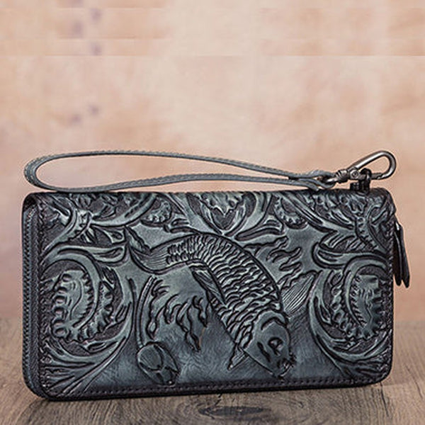 Floral Carp Gray Leather Wristlet Wallets Womens Zip Around Wallet Floral Ladies Zipper Clutch Wallets for Women