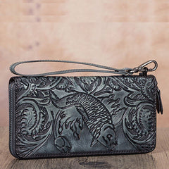 Floral Carp Gray Leather Wristlet Wallets Womens Zip Around Wallet Floral Ladies Zipper Clutch Wallets for Women