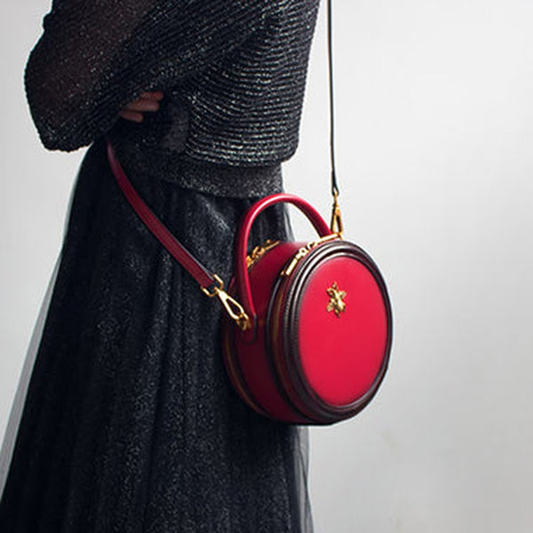 Womens Red Leather Small Round Handbag Crossbody Purse Round Shoulder Bag for Women