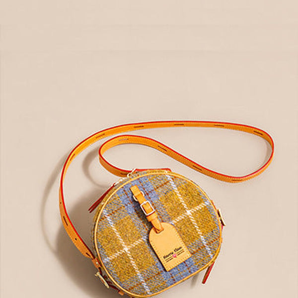 Cute Womens Small Yellow Leather Tweed Round Crossbody Purse Handmade Round Shoulder Bag for Women