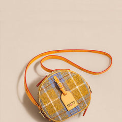 Cute Womens Small Yellow Leather Tweed Round Crossbody Purse Handmade Round Shoulder Bag for Women