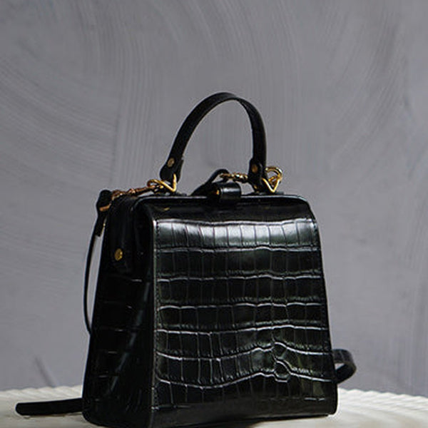 Handmade Womens Stylish Square Black Leather Doctor Handbag Side Purse Doctor Purse for Women