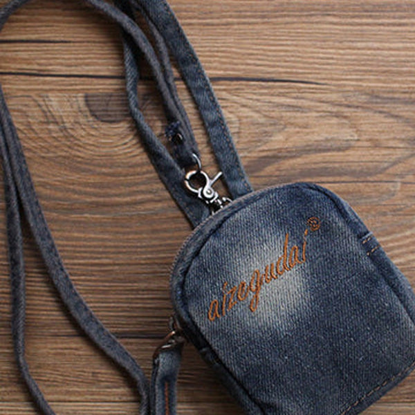 Womens Blue Denim Small Card Coin Purse Vintage Denim Mini Pouch with Lanyard for Women
