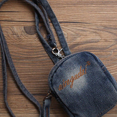 Womens Blue Denim Small Card Coin Purse Vintage Denim Mini Pouch with Lanyard for Women