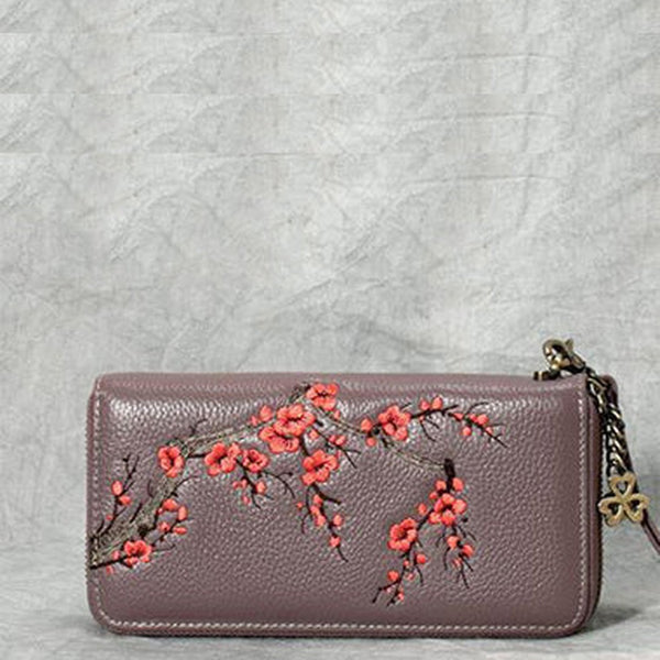 Handmade Embroidery Purple Leather Wristlet Wallet Womens Zip Around Wallets Flowers Plum Blossom Ladies Zipper Clutch Wallet for Women