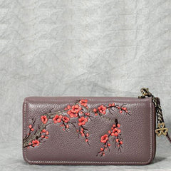 Handmade Embroidery Purple Leather Wristlet Wallet Womens Zip Around Wallets Flowers Plum Blossom Ladies Zipper Clutch Wallet for Women