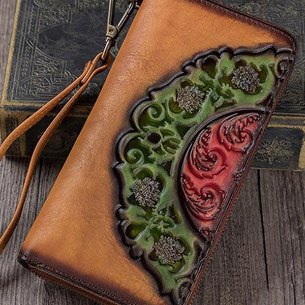 Vintage Floral Tan Leather Wristlet Wallets Womens Zip Around Wallet Floral Ladies Zipper Clutch Wallets for Women