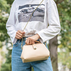 Handmade Womens Beige Small Leather Doctor Handbag Side Purse Doctor Purse for Women