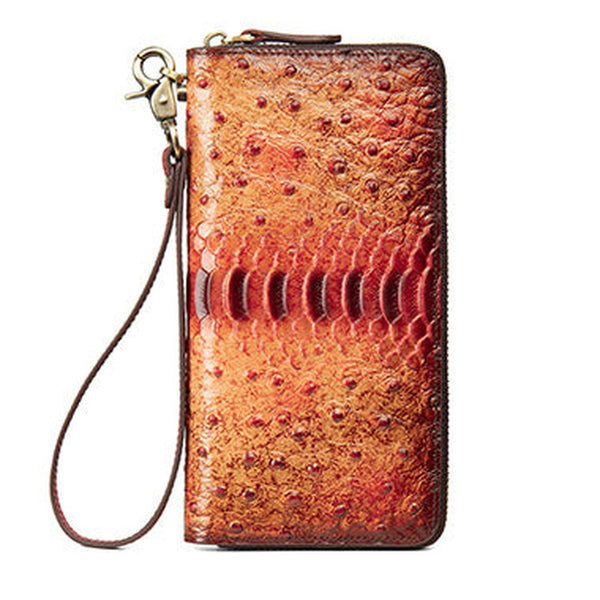 Womens Red Leather Zip Around Wallets Ostrich Pattern Wristlet Wallets Ladies Zipper Clutch Wallet for Women
