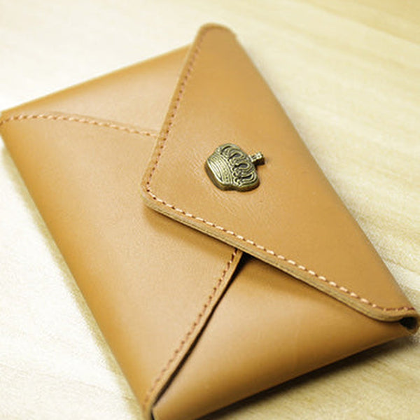 Slim Women Tan Leather Card Wallet Crown Minimalist Envelope Card Holder Wallet Coin Wallet For Women