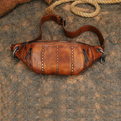 Vintage Women Brown Leather Rivet Waist Bag Fanny Pack Handmade Shoulder Rivet Hip Packs for Women