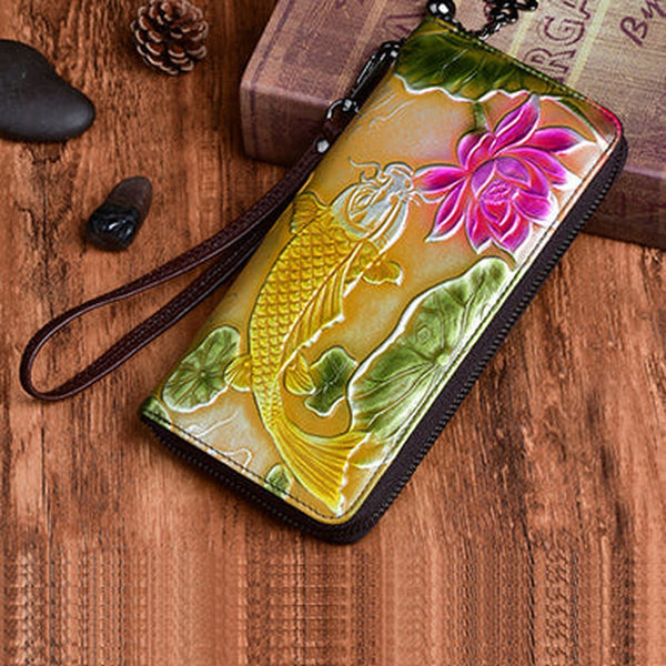 Womens Carp&Lotus Flower Yellow Leather Zip Around Wallet Wristlet Wallet Floral Ladies Zipper Clutch Wallet for Women