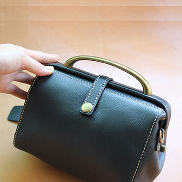 Handmade Womens Black Leather Mini Doctor Handbags Shoulder Purses Black Doctor Purses for Women