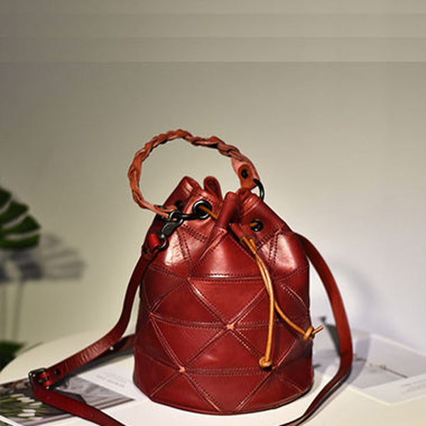 Womens Red Leather Bucket Shoulder Bag Purse Vintage Split Joint Barrel Round Handbag Crossbody Purse for Women