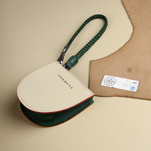 Womens Beige&Green Leather Coin Zip Wallet with Leather Chain Leather Zip Wristlet Purse for Ladies