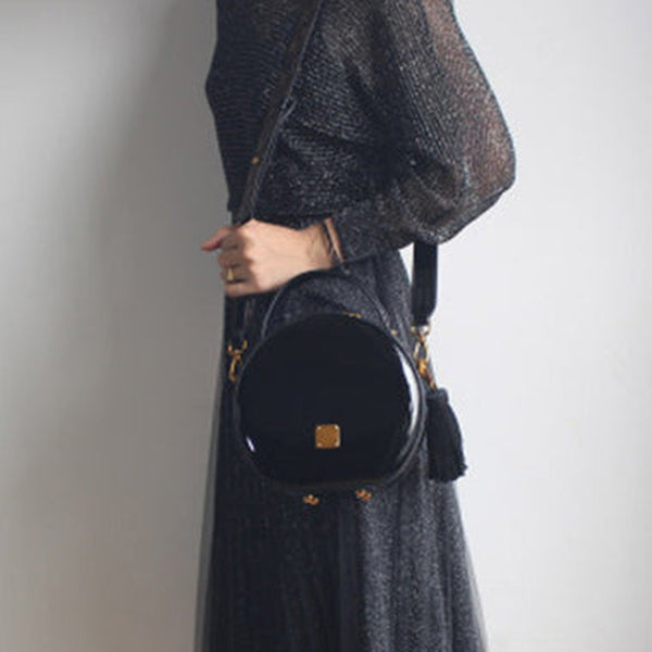 Womens Black Leather Round Handbag Crossbody Purse With Tassels Black Round Shoulder Bags for Women