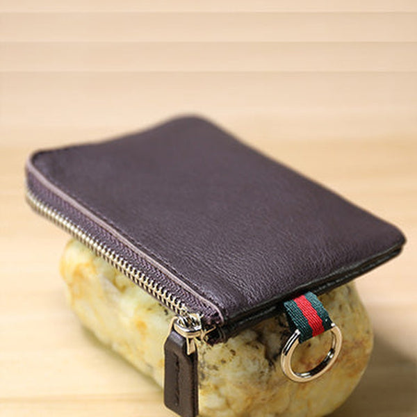 Slim Women Dark Coffee Leather Mini Zip Wallet with Keychain Billfold Minimalist Coin Wallet Small Zip Change Wallet For Women