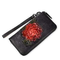 Womens Black Leather Zip Around Wallet Peony Flower Wristlet Wallet Floral Ladies Zipper Clutch Wallet for Women